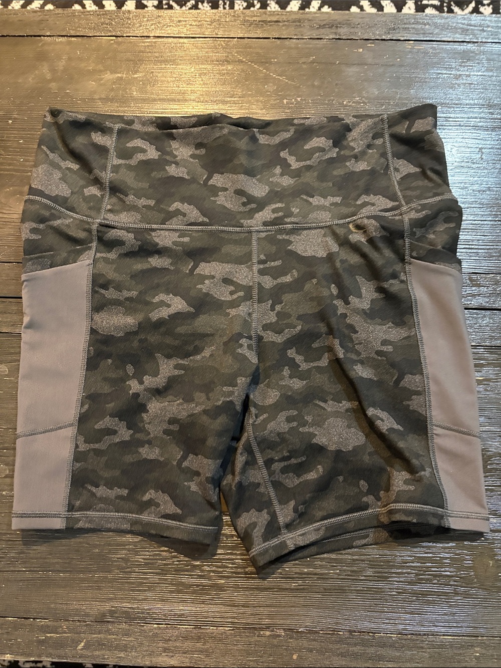 Fabletics Gray Camo High-Rise Bike Shorts